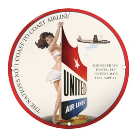 Unique 8-Inch Porcelain Pin-Up Girl Sign - Vintage United Airlines Design