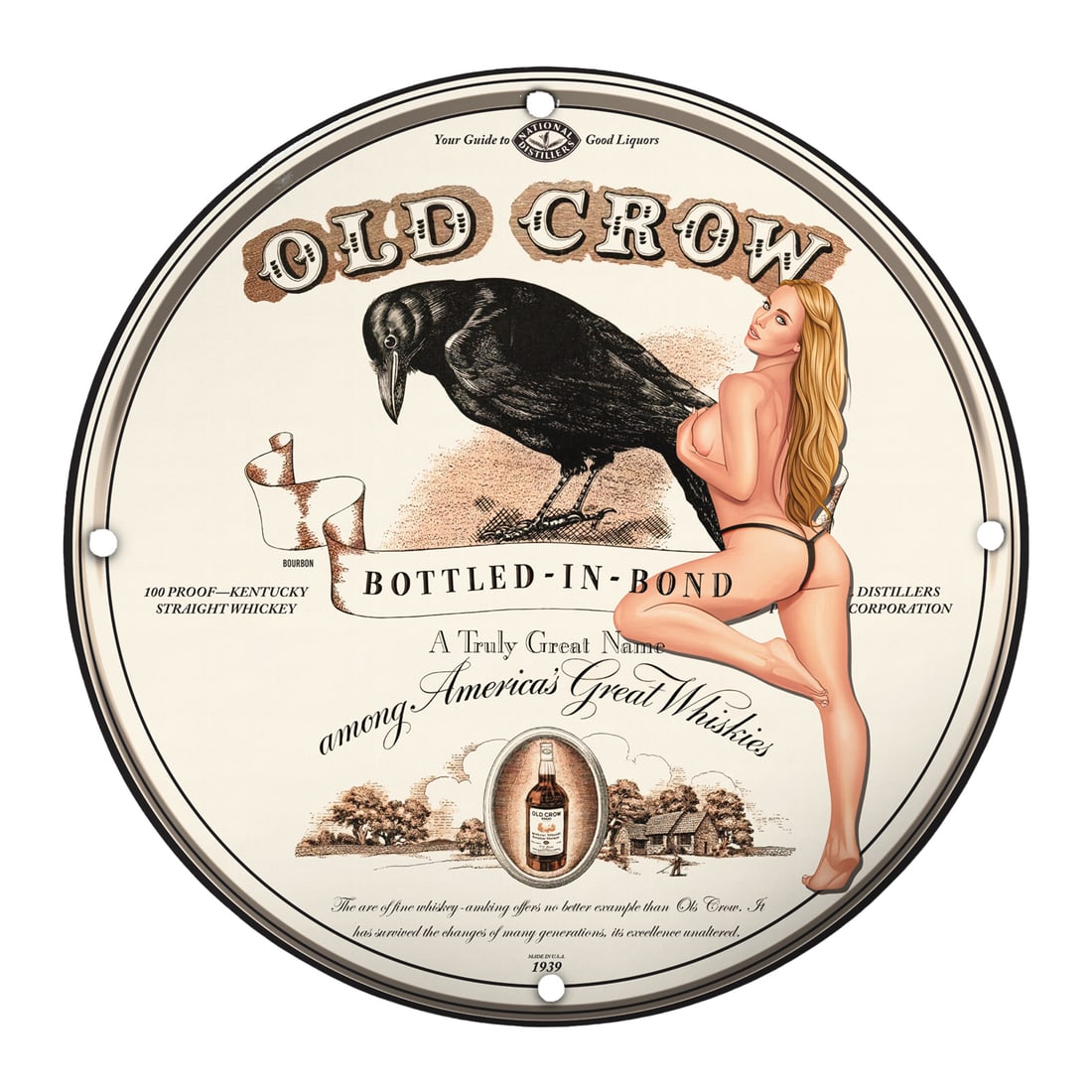 Unique 8-Inch Porcelain Pin-Up Girl Sign - Vintage Old Crow Whiskey Art (1 of 1)