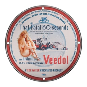 Vintage Porcelain Pin-Up Girl Sign - Unique 8-Inch Veedol Memorabilia