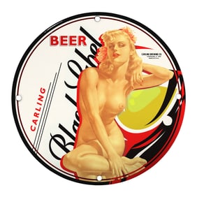 Unique 8-Inch Porcelain Pin-Up Girl Sign ? Vintage Carling Beer Art