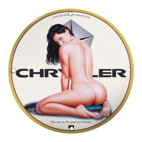 Chrysler Vintage Pin-Up Girl Porcelain Sign - Unique 8 Inch Collectible Art