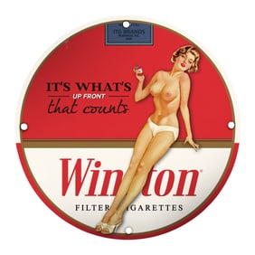 Unique 8-Inch Porcelain Pin-Up Girl Sign - Retro Winston Cigarettes Vintage Collectible