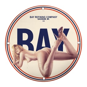 Unique 8-Inch Porcelain Pin-Up Girl Sign - Vintage Bay Refining Company Artwork