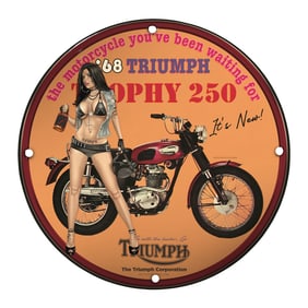 Unique 8-Inch Porcelain Pin-Up Girl Sign Featuring 1968 Triumph Trophy 250 Motorcycle