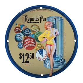 Unique 8-Inch Porcelain Vintage Pin-Up Girl Sign - Reynolds Pen Company Artwork