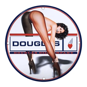Unique 8-Inch Porcelain Pin-Up Girl Sign - Retro Douglas Oil Company Art