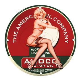 Unique Porcelain 8-Inch Pin-Up Girl Sign - Vintage AMOCO Oil Company Art