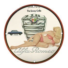 Vintage Porcelain Sign: Unique 8-Inch Pin-Up Girl Design Featuring Alfa Romeo