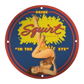 Vintage Porcelain Pin-Up Girl Sign: Unique 8-Inch Squirt Soda Art for Collectors