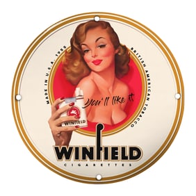 Unique 8-Inch Porcelain Pin-Up Girl Sign - Vintage Wintfield Cigarettes Decor