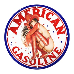 Unique 8-Inch Porcelain Pin-Up Girl Sign ? Vintage American Gasoline Decor