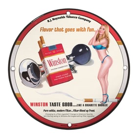 Unique 8-Inch Porcelain Pin-Up Girl Sign ? Vintage Winston Cigarettes Design