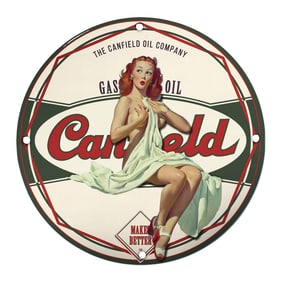 Unique 8-Inch Porcelain Pin-Up Girl Sign - Vintage Canfield Oil Company Design
