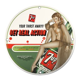 Vintage 7-Up Pin-Up Girl Porcelain Sign - Unique 8-Inch Wall Art for Collectors