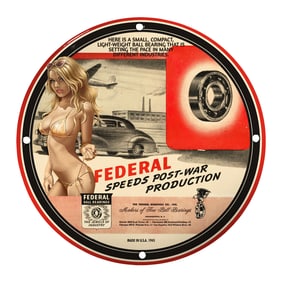 Vintage 8-Inch Porcelain Pin-Up Girl Sign ? Federal Ball Bearings 1945