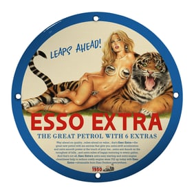 Vintage Porcelain Pin-Up Girl Sign - 8 Inch Unique Esso Extra Design