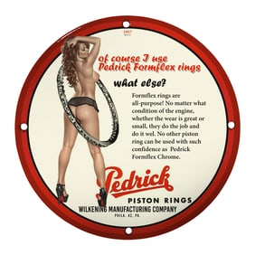 Vintage 1957 Pedrick Formflex Piston Rings Pin-Up Girl 8-Inch Porcelain Sign