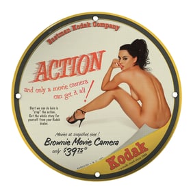 Unique Porcelain Pin-Up Girl Sign - Vintage Kodak Action Design