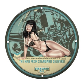 Unique 8-Inch Porcelain Pin-Up Girl Sign - Vintage Standard Oil Artwork for Collectors