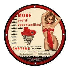 Rare Porcelain Pin-Up Girl Sign - 8 Inch Vintage Carter Fuel Filters Decor
