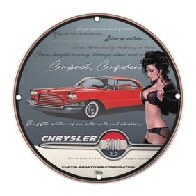 Unique Porcelain Sign Featuring Vintage Pin-Up Girl and Classic Chrysler 300E (8 inch)