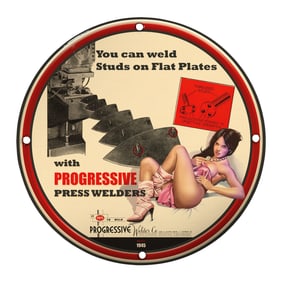 Vintage Porcelain Pin-Up Girl Sign - Progressive Press Welders - Unique 8 Inch Decor