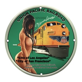 Unique 8-Inch Porcelain Pin-Up Girl Sign - Vintage Union Pacific Railroad Art