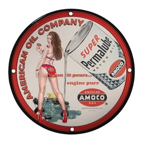 Vintage Style Porcelain Pin-Up Girl Sign ? 8 Inch Amoco Oil Company Design