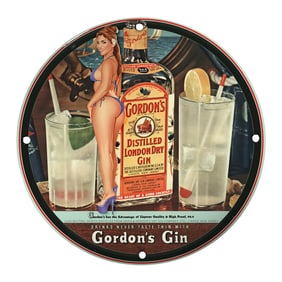 Unique 8-Inch Porcelain Pin-Up Girl Sign ? Vintage Gordon's Gin Art Decor