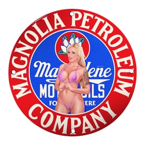 Vintage Porcelain Pin-Up Girl Sign - Unique 8-Inch Magnolia Petroleum Design