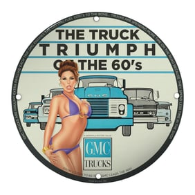 Unique Porcelain 8" Pin-Up Girl Sign: Vintage GMC Truck Triumph of the 60s Decor