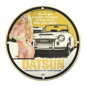 Unique 8-Inch Porcelain Pin-Up Girl Sign ? Vintage Datsun Art for Collectors & Enthusiasts