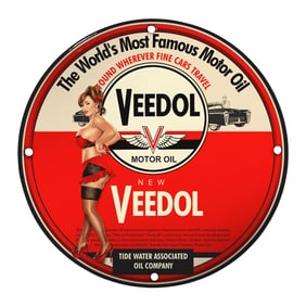 Veedol Motor Oil Pin-Up Girl Porcelain Sign - Unique 8 Inch Collectible Art
