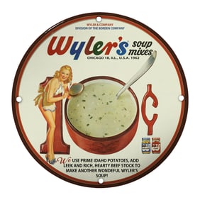 Vintage Wyler's Soup Mixes Pin-Up Girl Porcelain Sign - Unique 8 Inch Collectible Art
