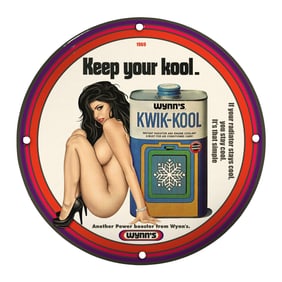 Vintage 1969 Porcelain Pin-Up Girl Sign - Keep Your Kool with Wynn's Kwik-Kool