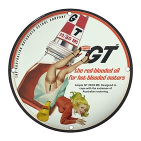 Vintage Porcelain Pin-Up Girl Sign - Ampol GT Oil 1967 - Unique 8-Inch Collector's Item