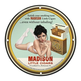 Vintage Porcelain Pin-Up Girl Sign: Unique 8-Inch Madison Cigars Design
