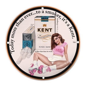 Vintage 1966 Porcelain Pin-Up Girl Sign - Kent Cigarettes Collectible Art 8-Inch