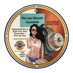 Vintage 1955 Chevrolet Pin-Up Girl Porcelain Sign ? Unique 8-Inch Collectible