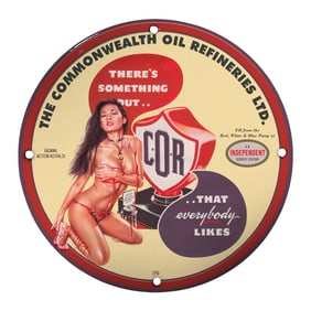 Vintage 8-Inch Porcelain Pin-Up Girl Sign ? Unique Commonwealth Oil Design
