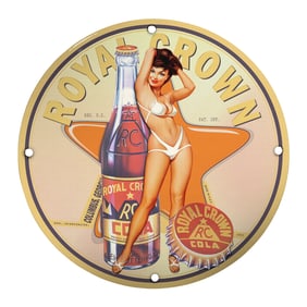 Vintage Porcelain Pin-Up Girl Sign - 8 Inch Royal Crown Cola Unique Design