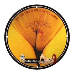 Unique 8-Inch Porcelain Pin-Up Girl Sign Featuring Vintage Camel Tobacco Art