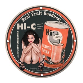Vintage Porcelain Pin-Up Girl 8 Inch Sign ? Hi-C Orange Drink Unique Design