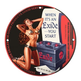 Unique 8-Inch Porcelain Pin-Up Girl Sign ? Vintage Exide Battery Art Collectible