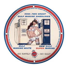Unique Porcelain Pin-Up Girl Sign - Gulf Marine Gasoline - 8 Inch Collectible Art