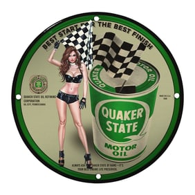 Unique 8-Inch Porcelain Pin-Up Girl Sign ? Vintage Quaker State Motor Oil Design