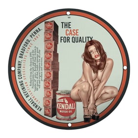 Vintage Porcelain Pin-Up Girl 8 Inch Sign - Unique Kendall Motor Oil Design
