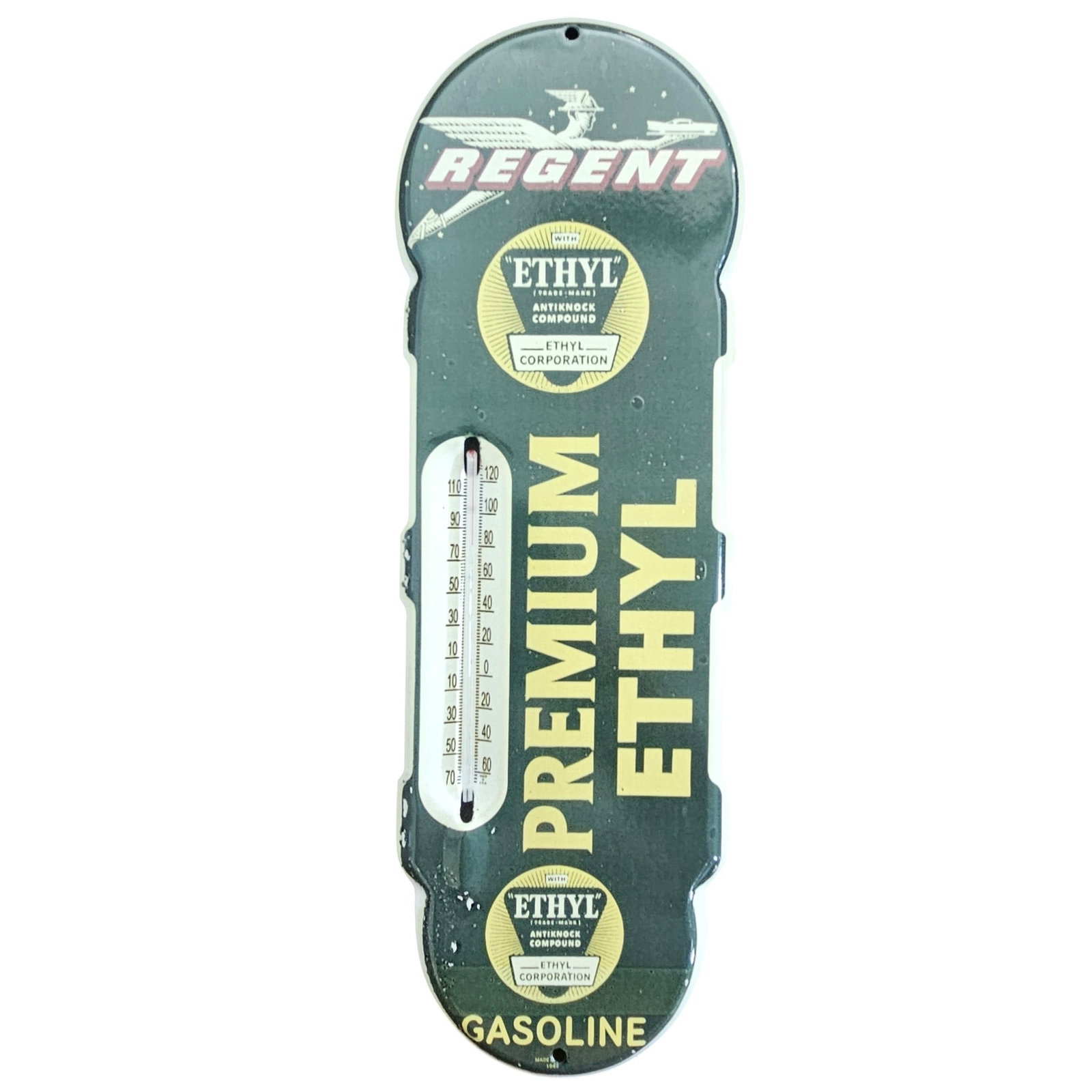 Vintage Regent Premium Ethyl Gasoline Porcelain Sign with Thermometer - Collectible Memorabilia (1 of 2)