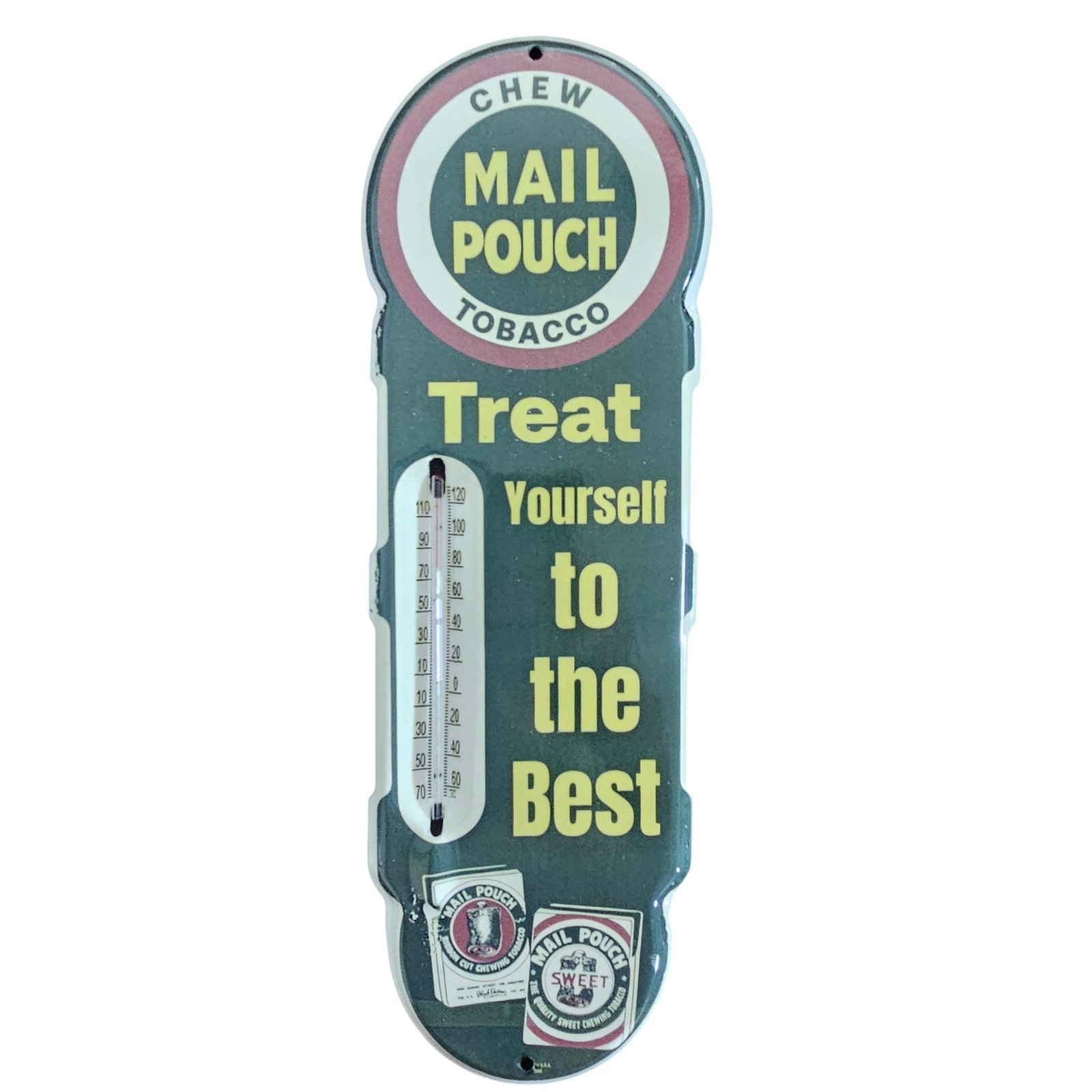 Vintage Mail Pouch Tobacco Porcelain Sign with Thermometer - Treat Yourself to the Best (1 of 2)