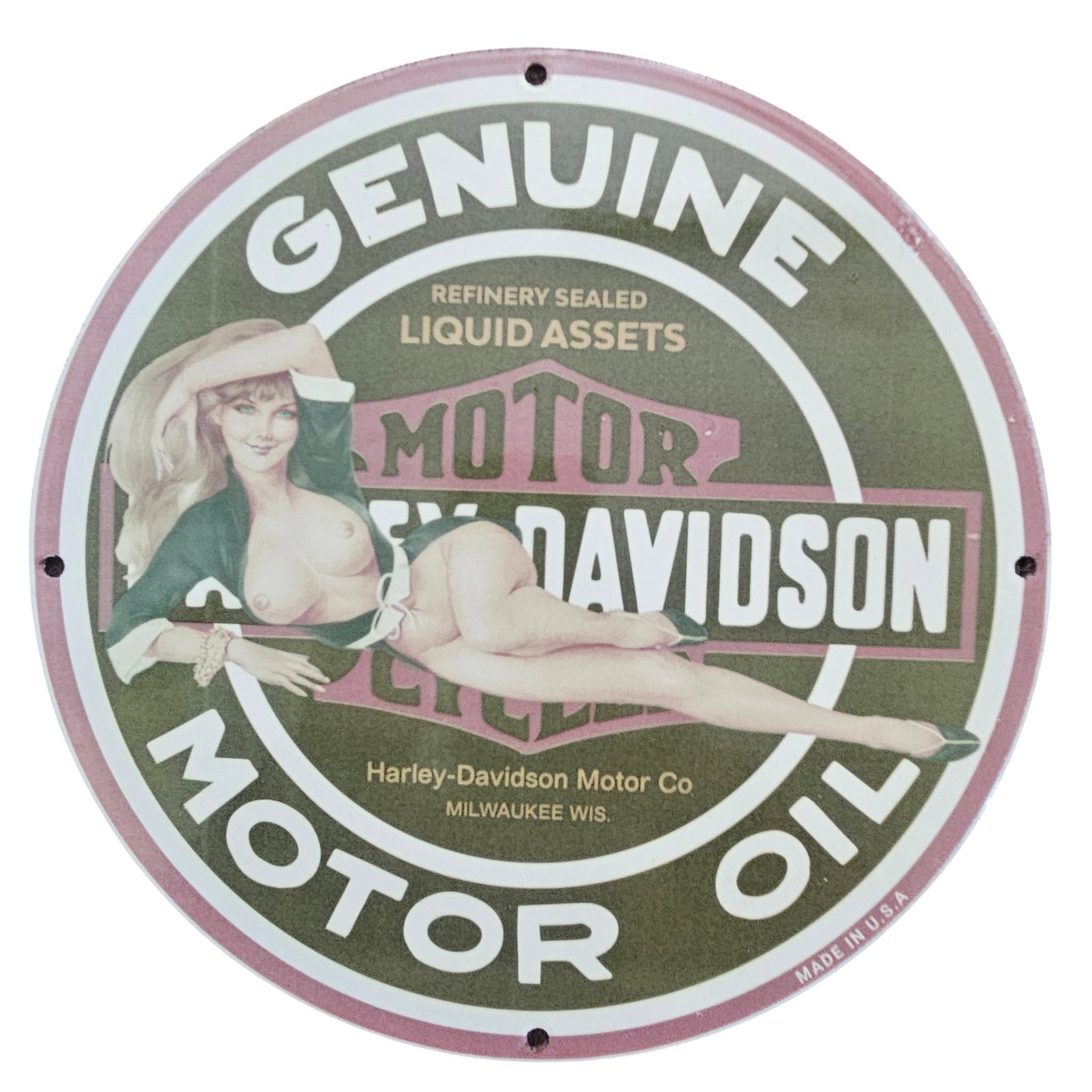 Vintage Harley-Davidson Genuine Motor Oil Porcelain Sign - Classic Americana Art: This stunning vintage porcelain sign is a collectible piece that embodies the spirit of Americana and the legendary Harley-Davidson brand. Crafted with meticulous attention to detail, the sign showcas